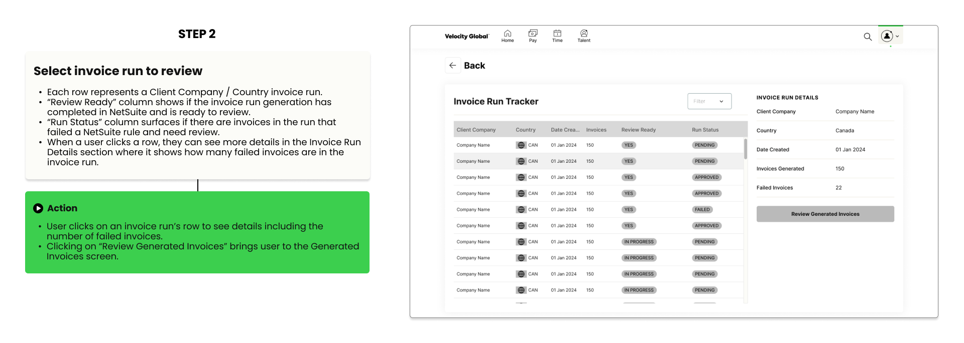 Lo-fi invoice run tracker screen